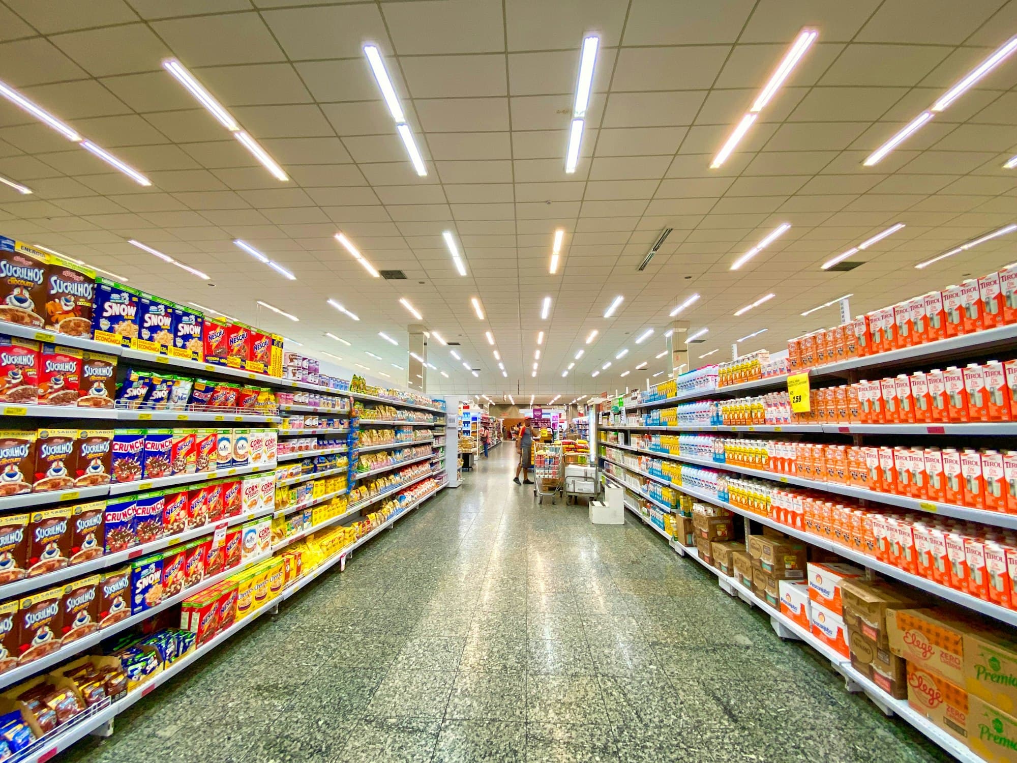 Packaged goods on shelf in a U.S. supermarket aisle